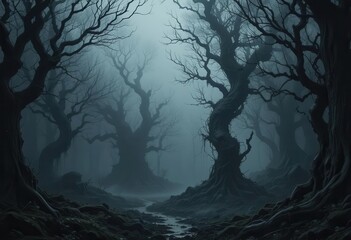  A shadowy forest with gnarled trees and thick fog, creating a mysterious and slightly ominous atmosphere, no people.