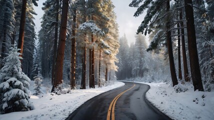 Obraz premium Winding Snow-Covered Road Through a Majestic Winter Forest