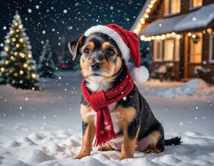 Joyful winter celebration featuring a festive dog in a snowy landscape with holiday decorations and a cozy cabin ambiance Generative AI