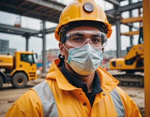 Fototapeta premium Construction worker in vibrant safety gear ensures safety on a bustling construction site with heavy machinery operating around him Generative AI