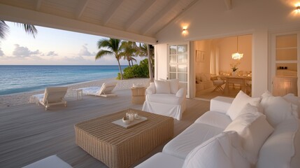 Fototapeta premium Luxury seaside villa, a serene view of the ocean and sandy beach