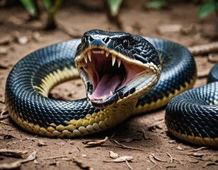 Fototapeta premium Intriguing encounter with a venomous serpent in a lush forest during twilight, showcasing the beauty of nature and the power of artificial intelligence in capturing it Generative AI