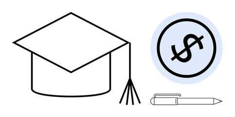 Graduation cap, crossed dollar and pen suggest education costs, scholarships, financial aid, budgeting, academic success, student loans, and career planning. Ideal for education funding accessible