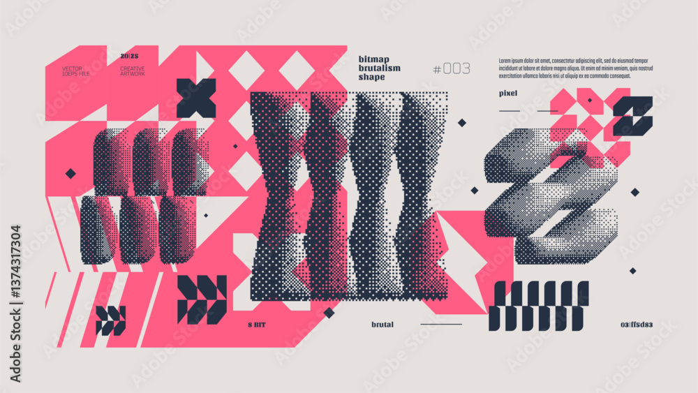 Poster dithering bitmap abstract vector color background with postmodern geometric graphic brutalism shapes