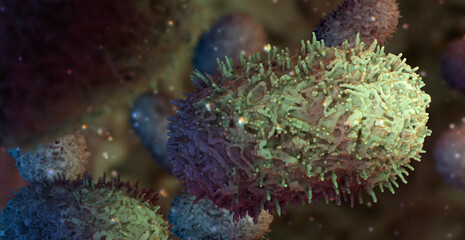 Mpox (previously monkeypox) virus particles 3D illustration