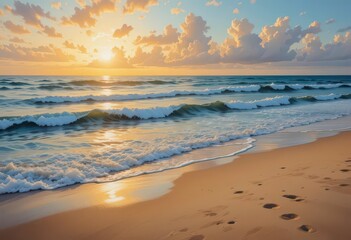  Tranquil Coastline at Sunset Abstract Impressionism Painting of Golden Waves and Sandy Shore