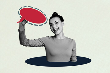 Composite image design trend artwork collage of young lady appear hole smile hold note texting...