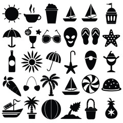 A set of Summer icon black silhouette style