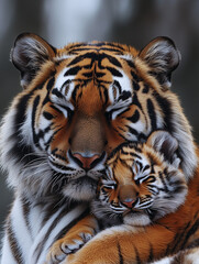 Fototapeta premium A lioness rests gently beside her cubs, showing the mother protecting her cubs
