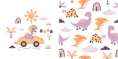 Children's collection. Print and seamless pattern with cute hand-drawn dinosaur driving a car. Vector design for baby bedding, fabric, wallpaper, wrapping paper and more.
