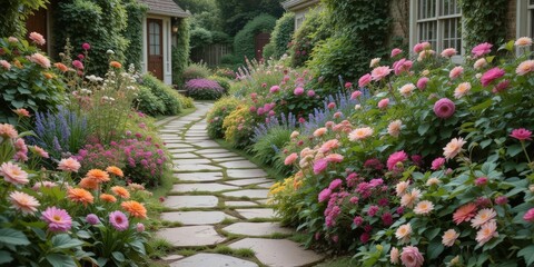  Romantic Cottage Garden Flagstone Path Amidst Overflowing Blooms