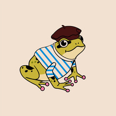 Green Frog dressed in clothes. Toad with beret and striped shirt. Cute funny cartoon character. Hand drawn modern Vector illustration. Isolated design element