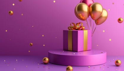 Luxurious Product Podium Featuring Realistic Gift Box And Balloons With Golden Ribbon Element Against A Elegant Backdrop. Elevate Your Presentation!