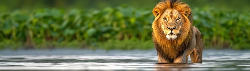 Fototapeta premium Majestic lion roaming in water african savanna wildlife photography natural habitat low angle power and grace