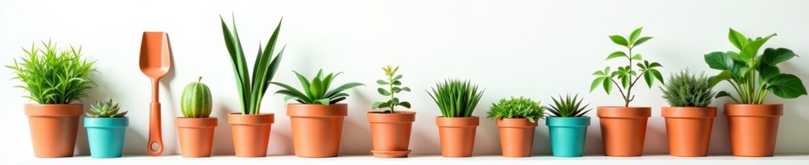 Fototapeta premium Colorful collection of potted plants and gardening tools on a clean white background, pot, flowers, tools