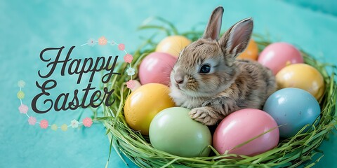 Adorable Baby Bunny Sitting Among Pastel-Colored Easter Eggs on a Vibrant Turquoise Background Perfect for Easter-Themed Designs Spring Celebrations Holiday Marketing and Cute Animal Stock Photography
