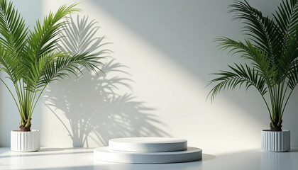 Obraz premium Minimalist Tropical Display with Palm Leaves and Sunlight Makeup booth & e-commerce scene & Item display stand