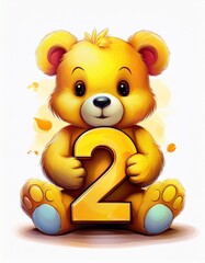 Cute yellow teddy bear with number 2, illustration for kids second birthday party