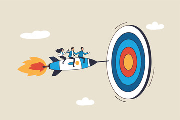 Fototapeta premium Team target achievement, reaching goal or success, teamwork strategy, challenge or aspiration to win together, leadership to lead team concept, business people riding rocket to reach target bullseye.