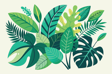 Tropical leaves. Cartoon jungle exotic palm plants and flowers. Banana, philodendron, plumeria, monstera leaf isolated on white background. Floral element vector set.
