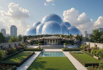 Obraz premium Elegant Reflections 3D Chrome Cloud Overlooking an Art Deco Garden