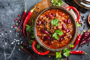 Chili Beans. Traditional mexican dish chili con carne with minced meat and red beans.