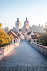 Obraz premium capture panoramic view of medieval city stone bridge at twilight soft glow of lanterns reflecting in cobblestone streets