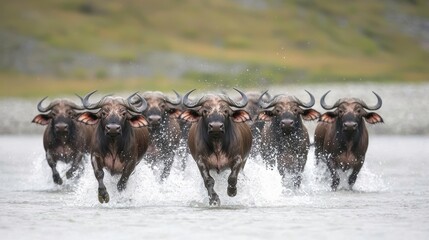 Buffalo Herd Running, Wildlife, River