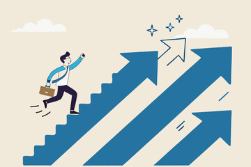Step to success, improvement, challenge or career growth development, leadership progress, career path direction or stairway to win business concept, businessman walk up arrow stair for victory.