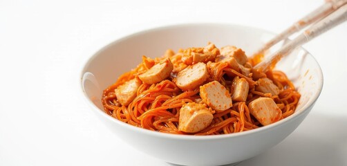  High Contrast Food Photography Sharp Focus on a Simple Yet Delicious Chicken and Instant Noodle Dish Isolated on White