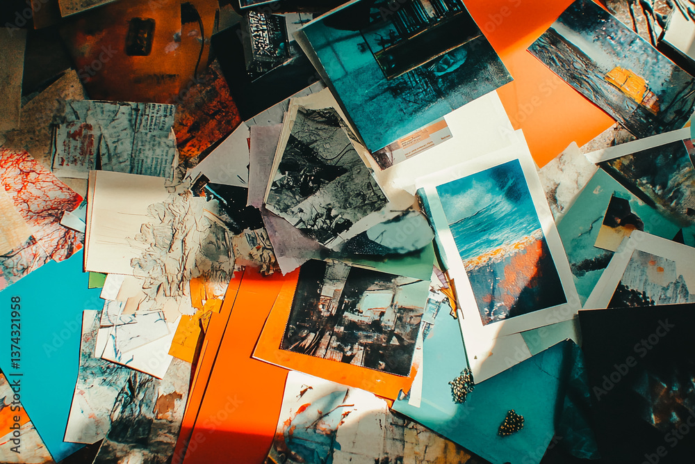 Poster Overlapping papers with diverse imagery and colors, creating a collage effect, showcasing artistic expression and creative process
