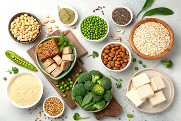 Variety of healthy vegan foods view from above