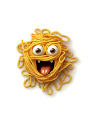 Funny spaghetti monster with big cartoon eyes and tongue out on white background. Concept of playful food, character design, and creative kids humor