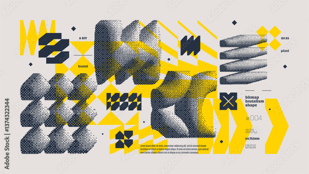 Poster dithering bitmap abstract vector color background with postmodern geometric graphic brutalism shapes