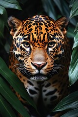 Fototapeta premium Captivating Jaguar Portrait Amidst Lush Green Foliage Jungle Predator Stare Intense Gaze Wild Animal Beauty Nature Close Up Wildlife Photography