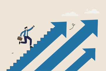 Step to success, improvement, challenge or career growth development, leadership progress, career path direction or stairway to win business concept, businessman walk up arrow stair for victory.