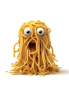 Naklejki Surprised spaghetti monster with big cartoon eyes and messy noodles on white background. Concept of funny food character, child humor, and quirky mascot design
