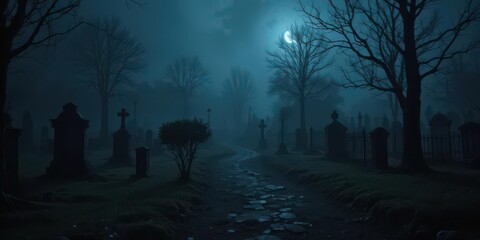  Graveyard Path Foggy Night, Halloween Atmosphere, Eerie Landscape Background