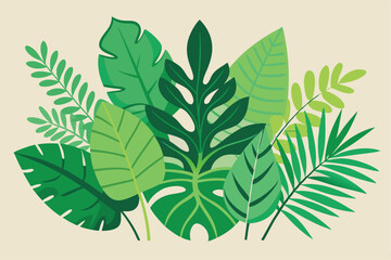 Tropical leaves. Cartoon jungle exotic palm plants and flowers. Banana, philodendron, plumeria, monstera leaf isolated on white background. Floral element vector set.
