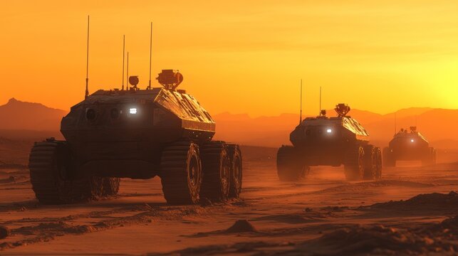 Martian Rovers Drive Across Desert Sunset