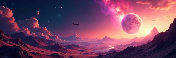 Vibrant cosmic landscape with spaceship approaching planet, cosmic, planet, adventure