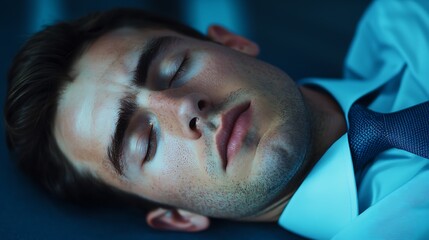 A close-up of a young man sleeping peacefully, wearing a formal shirt and tie, with a calm expression on his face.
