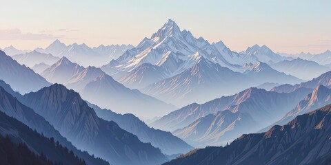  A Serene Mountain Landscape Painted in Pastel Colors Majestic Peaks and Valleys in Soft, Muted Tones Create a Calming Background.