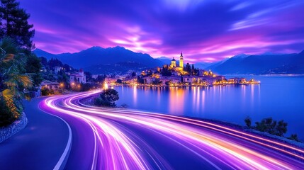 Fototapeta premium Lake Town at Dusk: A Serene Twilight Scene