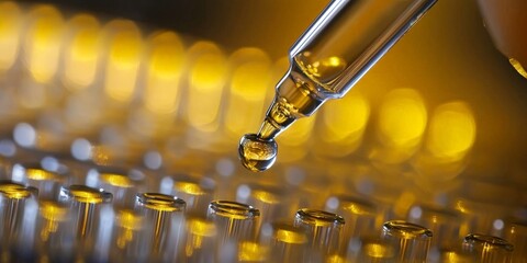 Pipette dispensing yellow liquid into test tube in close up lab scene representing precision fluid transfer science research and modern biotech experimentation detail