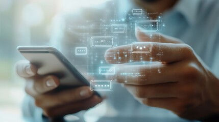 Asian Man Typing on Smartphone with Glowing Icons Futuristic Technology