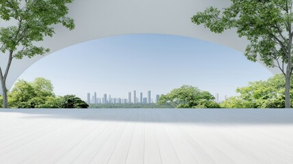 Naklejka premium Serene Urban Oasis: Modern Architecture with City Skyline View