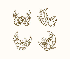 Line Art Crescent Moons Adorned with Flowers and Leaves Vector Design