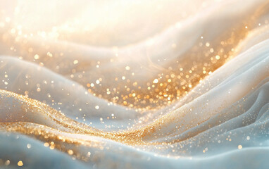 Abstract Background of Flowing White Fabric with Golden Glitter and Bokeh