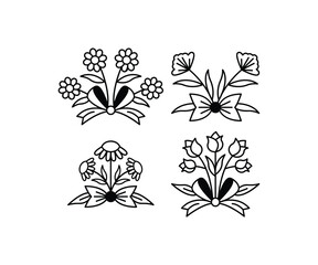 Line Art Flower Bouquets with Ribbons Black and White Color Vector Design